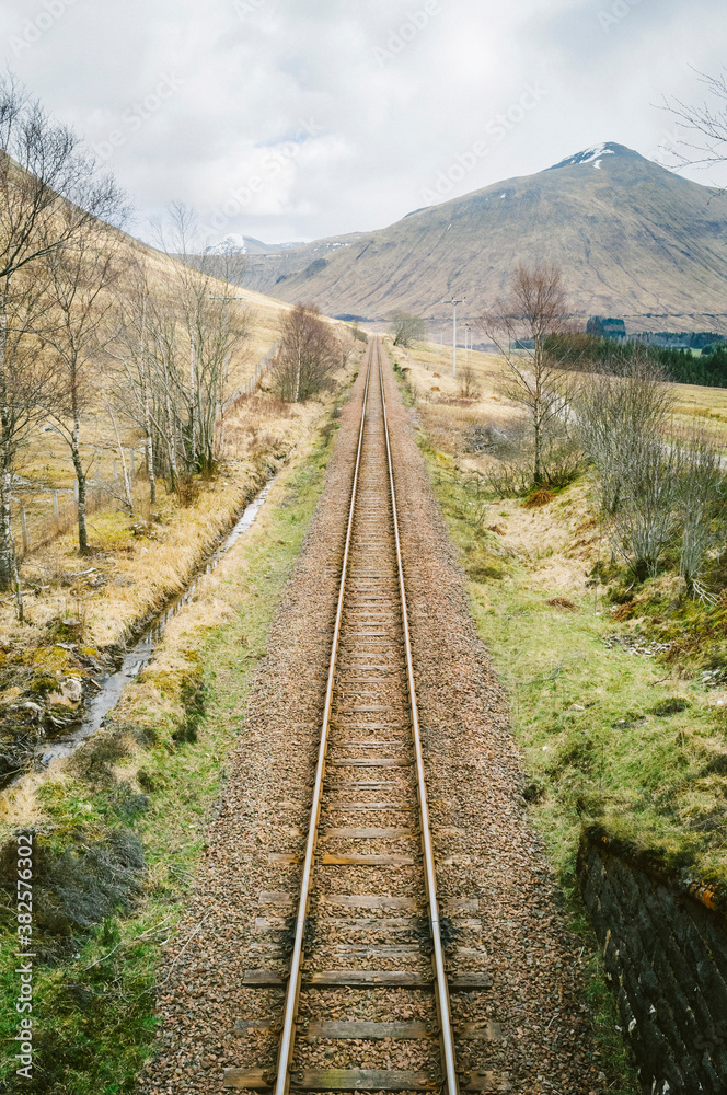 A straight railroad in the Scottish Highlands A straight railroad in the Scottish Highlands