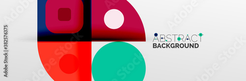 Bright color circles, abstract round shapes and triangles composition with shadow effects. Vector modern geometric design template