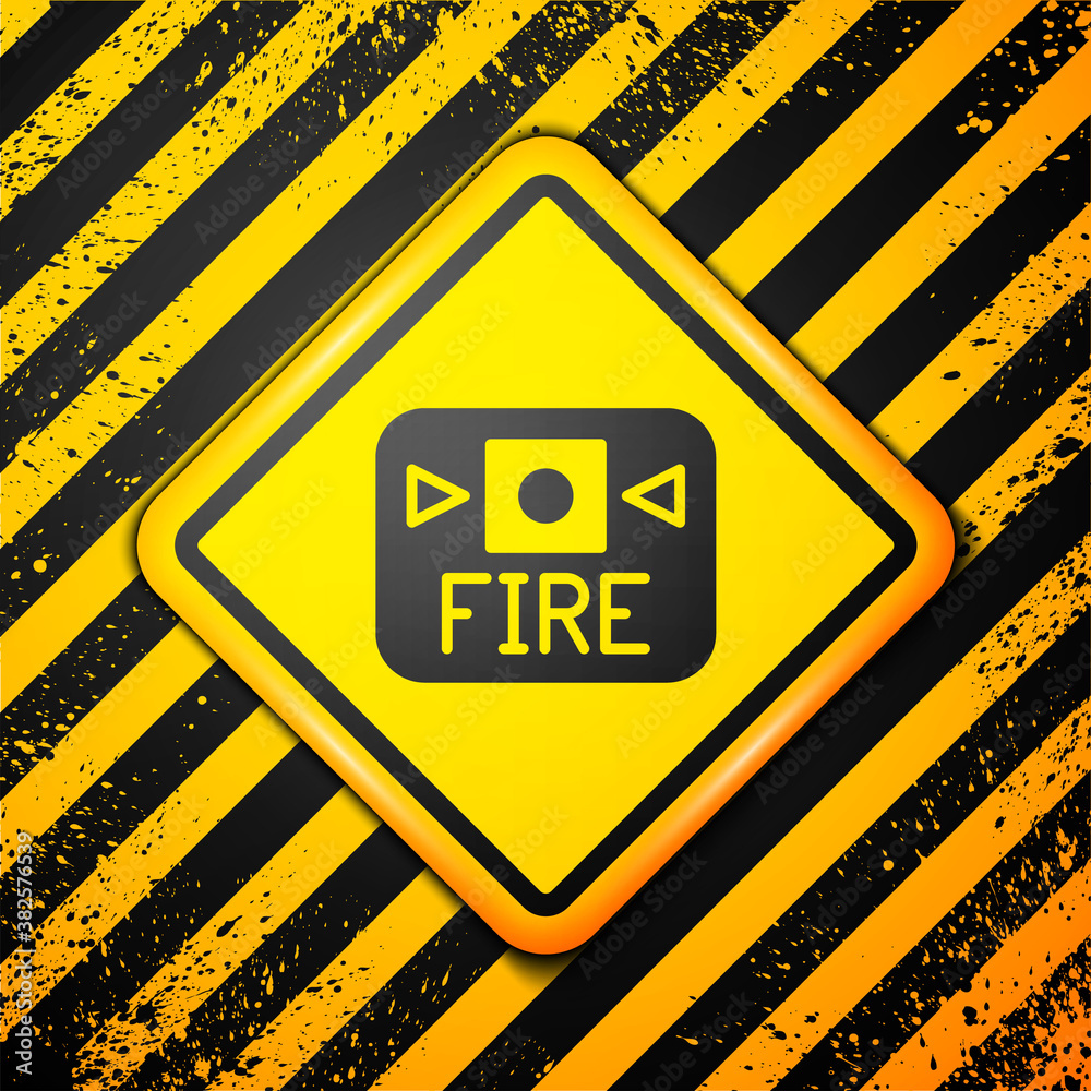 Black Fire alarm system icon isolated on yellow background. Pull danger fire safety box. Warning sign. Vector. Black Fire alarm system icon isolated on yellow background. Pull danger fire safety box. Warning sign. Vector.