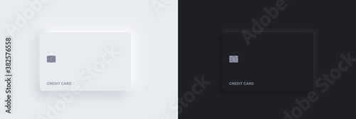 Plastic bank credit card templates with chip and shadow. Realistic white and black isolated objects. Vector Neomorphism digital technology mockup. Contactless, wireless online payment concept. photo
