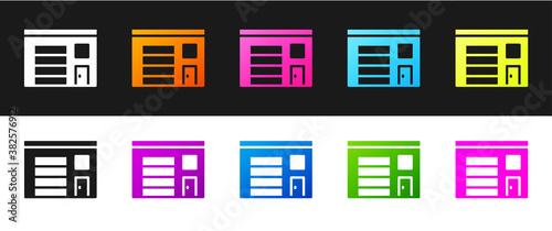 Set Building of fire station icon isolated on black and white background. Fire department building. Vector.