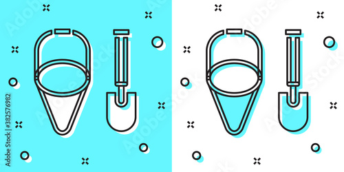 Black line Fire shovel and cone bucket icon isolated on green and white background. Random dynamic shapes. Vector.