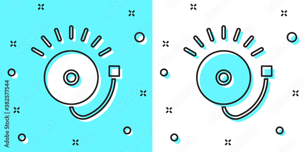 Black line Ringing alarm bell icon isolated on green and white background. Fire alarm system. Service bell, handbell sign, notification symbol. Random dynamic shapes. Vector. Black line Ringing alarm bell icon isolated on green and white background. Fire alarm system. Service bell, handbell sign, notification symbol. Random dynamic shapes. Vector.