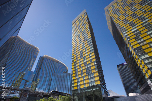 Exterior views of the Aria Casino Resort on the Las Vegas Strip. The Aria Casino Resort is a famous and popular luxury casino in Vegas.