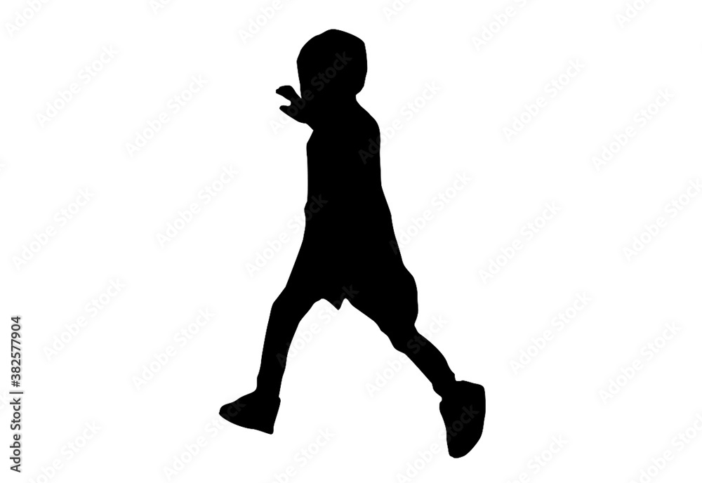 Silhouette kids or children running playing with white background with clipping path.