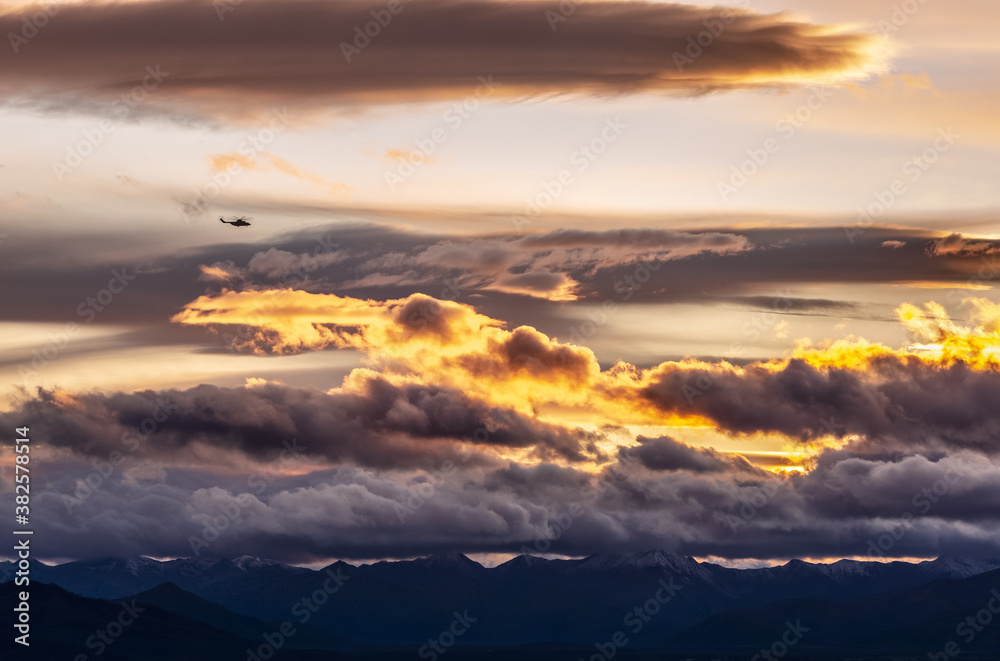 Kamchatka, sunset over the spurs of the Ganalsky ridge