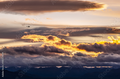 Kamchatka, sunset over the spurs of the Ganalsky ridge