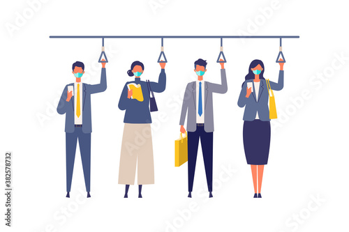 A day of working businessmen in the new normal lifestyles. Flat design vector illustration of masked business people.