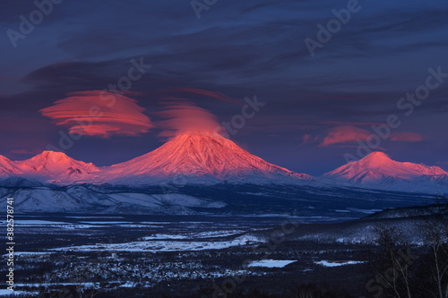Kamchatka, lenticular clouds over the Koryaksky and Avachinsky volcanoes photo