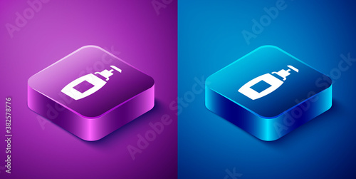 Isometric Bottle of liquid antibacterial soap with dispenser icon isolated on blue and purple background. Antiseptic. Disinfection, hygiene, skin care. Square button. Vector.