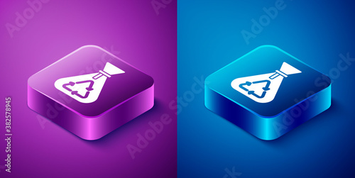 Isometric Garbage bag with recycle symbol icon isolated on blue and purple background. Trash can icon. Recycle basket sign. Square button. Vector.
