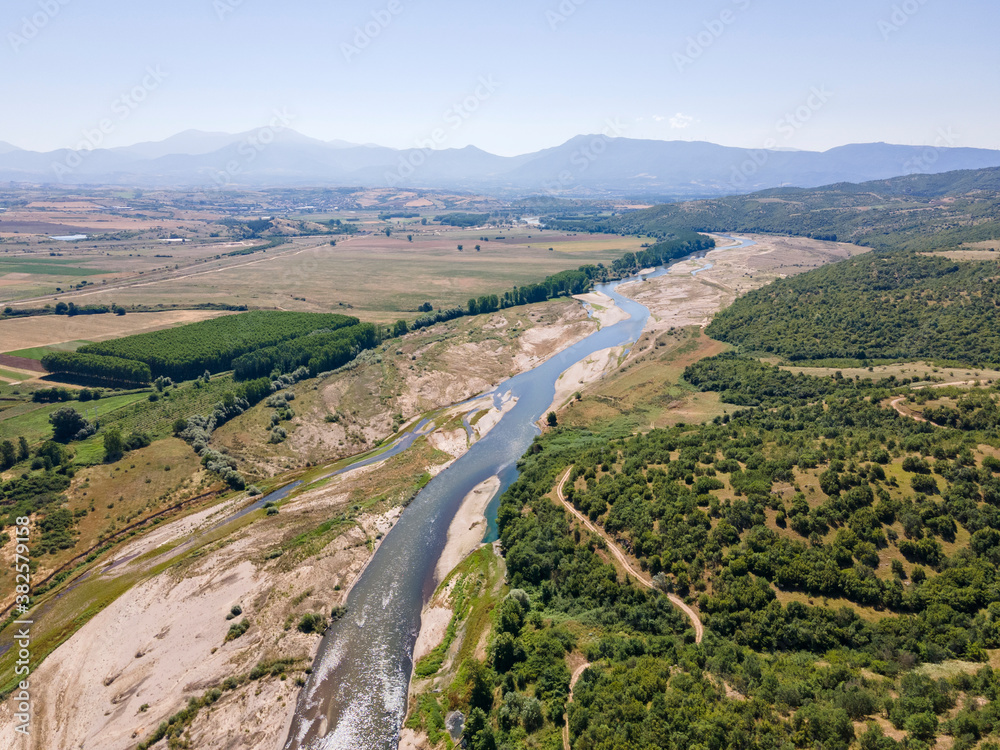 Struma river passing through the Petrich valley, Bulgaria