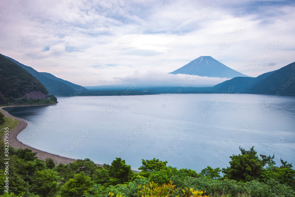 Fuji Mountain with Mist in Summer Cloudy Day at Motosuko Lake, Japan