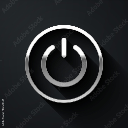Silver Power button icon isolated on black background. Start sign. Long shadow style. Vector.