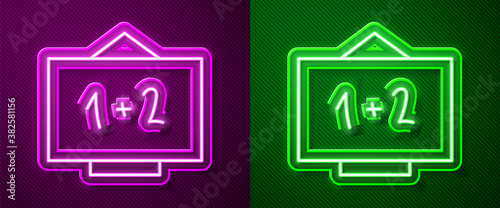 Glowing neon line Chalkboard icon isolated on purple and green background. School Blackboard sign. Vector Illustration.