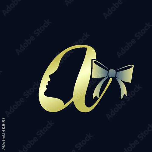 Letter a  logo with woman portrait silhouette and ribbon bow.Beauty salon vector icon.Decorative style lettering sign.Golden alphabet initial.