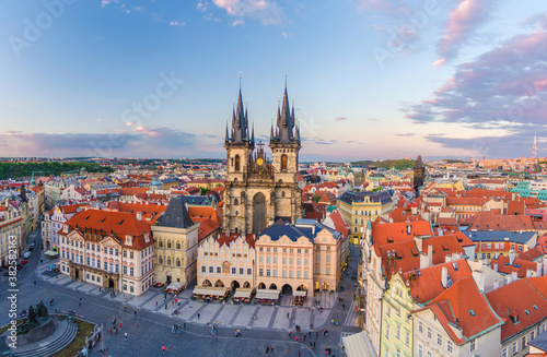 Panorama of Prague Old Town historical centre Stare Mesto Old Town Square Staromestske namesti with Gothic Church of Our Lady before Tyn. Aerial panoramic view of Prague city, Czech Republic