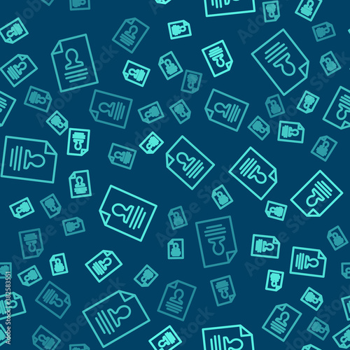 Green line Resume icon isolated seamless pattern on blue background. CV application. Searching professional staff. Analyzing personnel resume. Vector.