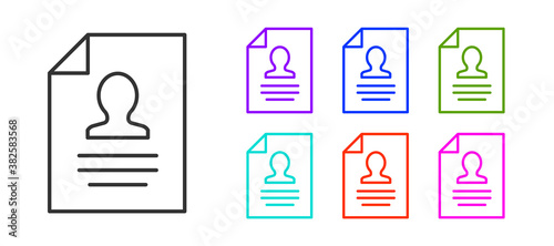 Black line Resume icon isolated on white background. CV application. Searching professional staff. Analyzing personnel resume. Set icons colorful. Vector.
