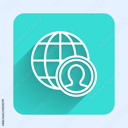 White line Globe and people icon isolated with long shadow. Global business symbol. Social network icon. Green square button. Vector.