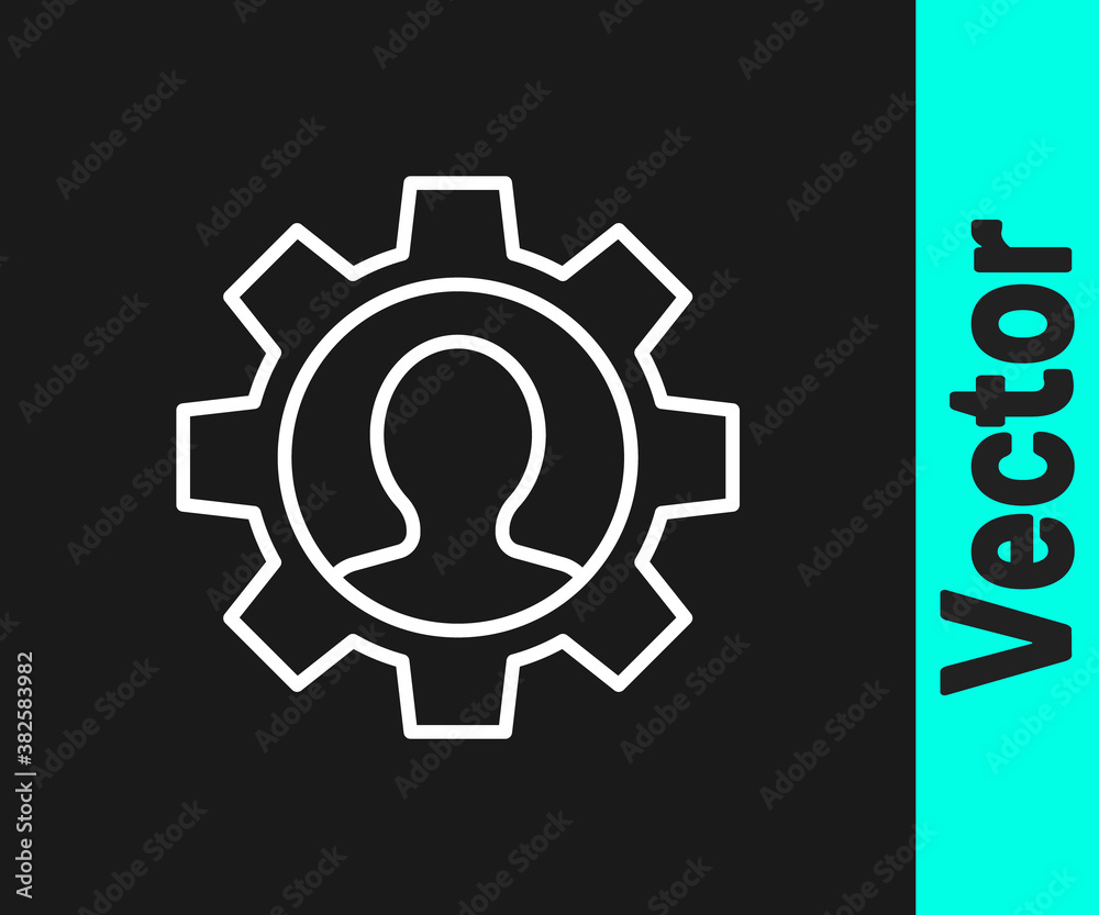 White line Human with gear icon isolated on black background. Artificial intelligence. Thinking brain sign. Symbol work of brain. Vector.