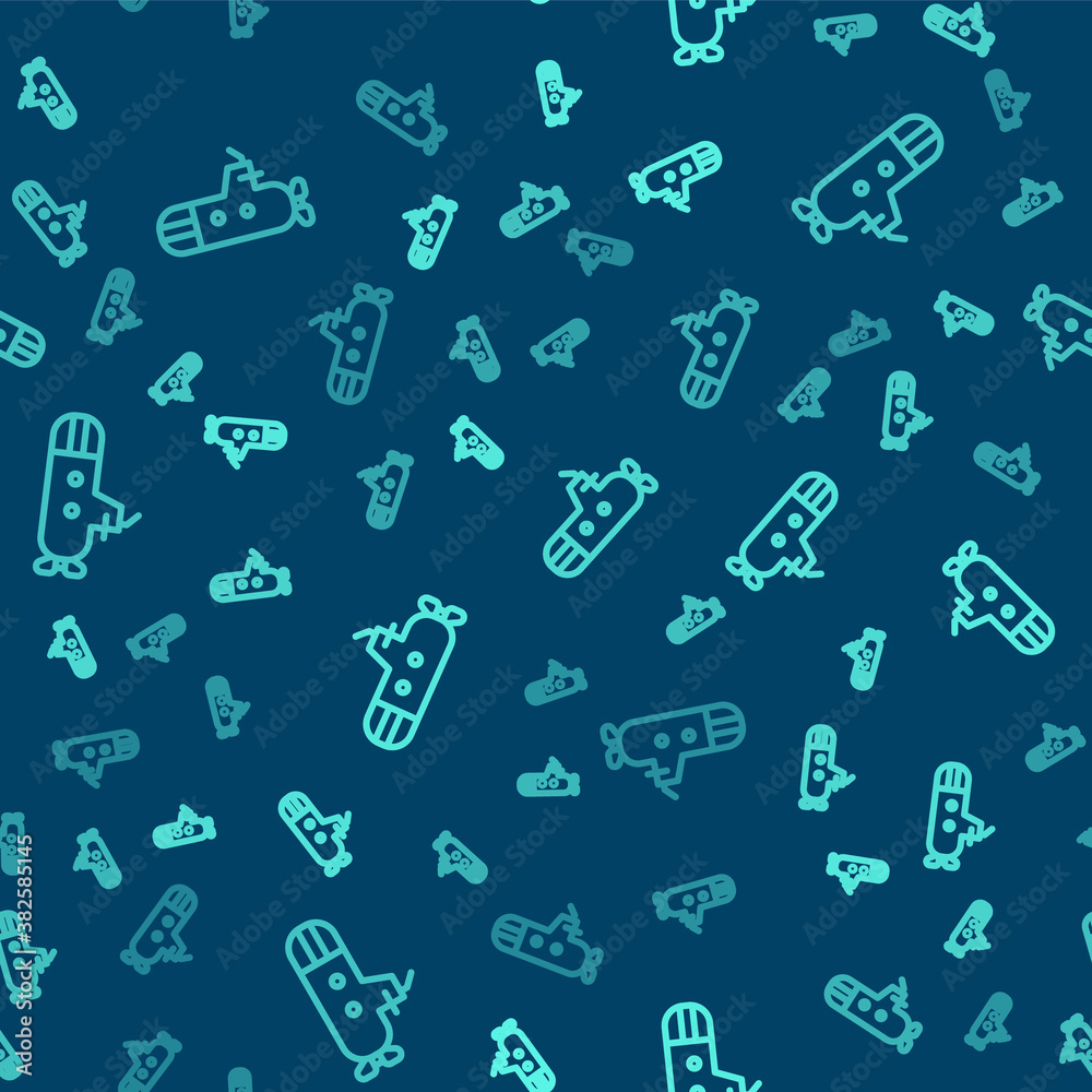 Green line Submarine icon isolated seamless pattern on blue background. Military ship. Vector. Green line Submarine icon isolated seamless pattern on blue background. Military ship. Vector.