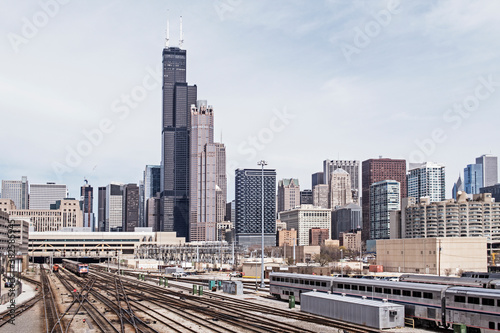 Chicago Skyline seen from the South, railways to Union Staion in front photo