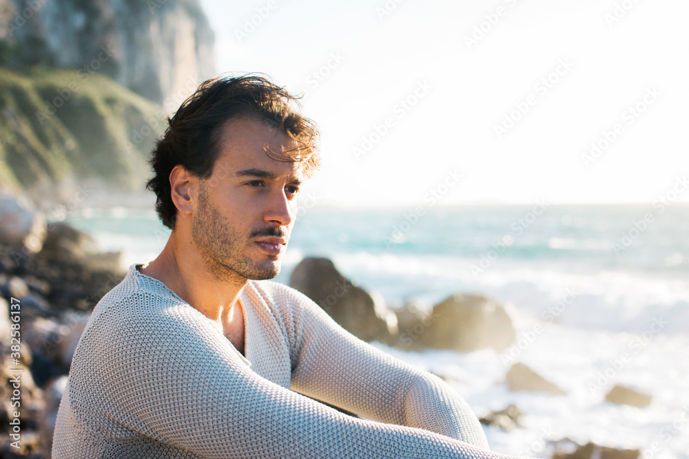 Late Afternoon Outdoor Beach Portrait of Handsome Italian Man with Moustache