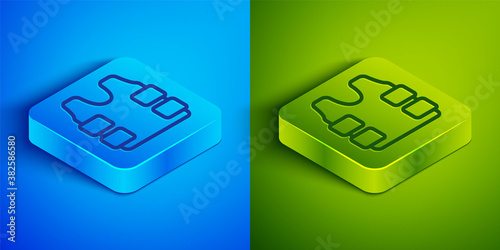 Isometric line Bulletproof vest for protection from bullets icon isolated on blue and green background. Body armor sign. Military clothing. Square button. Vector.