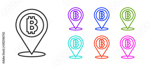 Black line Location bitcoin icon isolated on white background. Physical bit coin. Blockchain based secure crypto currency. Set icons colorful. Vector.