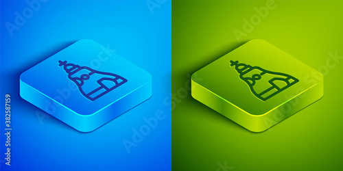 Isometric line The Tsar bell in Moscow monument icon isolated on blue and green background. Square button. Vector.