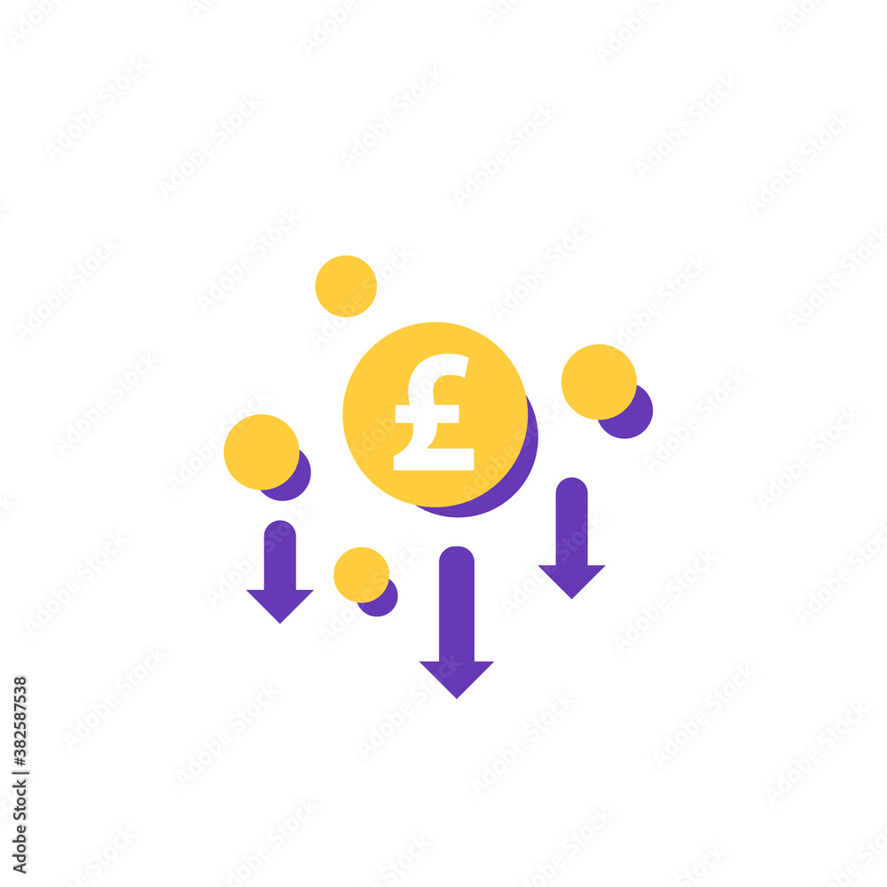 cost reduction, minimising icon with pound cost reduction, minimising icon with pound