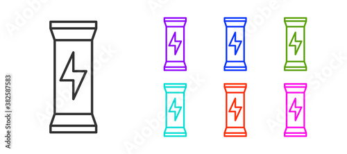 Black line Sports nutrition bodybuilding proteine power drink and food icon isolated on white background. Set icons colorful. Vector.