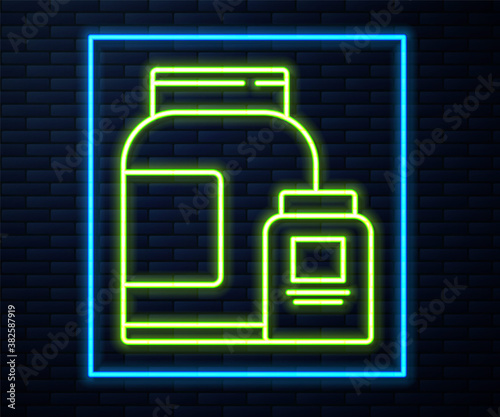 Glowing neon line Sports nutrition bodybuilding proteine power drink and food icon isolated on brick wall background. Vector.