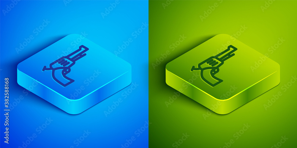 Isometric line Revolver gun icon isolated on blue and green background. Square button. Vector. Isometric line Revolver gun icon isolated on blue and green background. Square button. Vector.