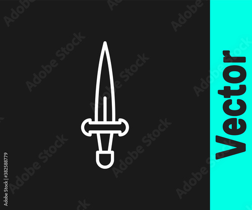 White line Dagger icon isolated on black background. Knife icon. Sword with sharp blade. Vector.