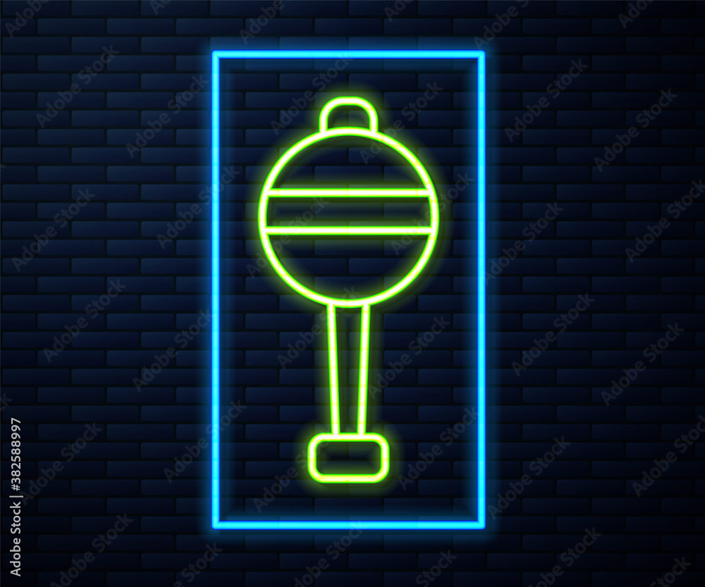 Glowing neon line Rattle baby toy icon isolated on brick wall background. Beanbag sign. Vector. Glowing neon line Rattle baby toy icon isolated on brick wall background. Beanbag sign. Vector.
