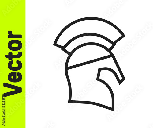Black line Greek helmet icon isolated on white background. Antiques helmet for head protection soldiers with a crest of feathers or horsehair. Vector.