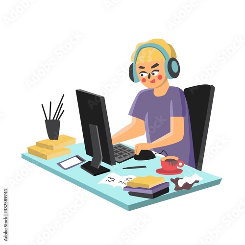 freelancer programmer. computer teenager boy. geek character