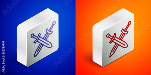 Isometric line Crossed medieval sword icon isolated on blue and orange background. Medieval weapon. Silver square button. Vector.