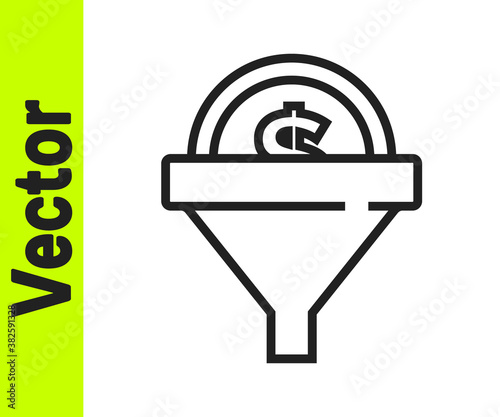 Black line Lead management icon isolated on white background. Funnel with money. Target client business concept. Vector.