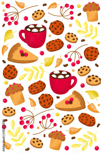 Cute autumn pattern of red cups with marshmallows, autumn leaves, pieces of cake, cookies and mountain ash branches. White rectangular background.