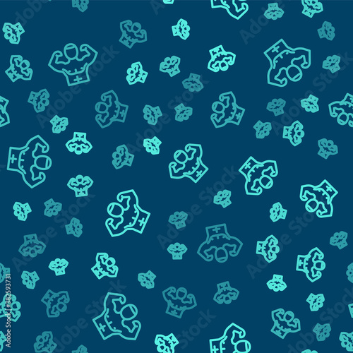 Green line Bodybuilder showing his muscles icon isolated seamless pattern on blue background. Fit fitness strength health hobby concept. Vector.