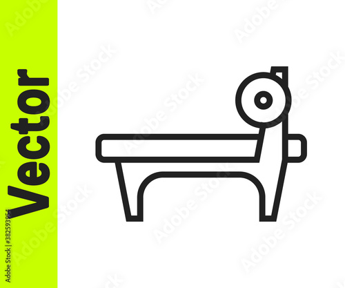 Black line Bench with barbel icon isolated on white background. Gym equipment. Bodybuilding, powerlifting, fitness concept. Vector.