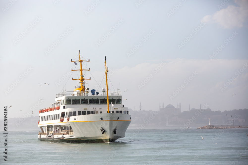 Front view passenger ferry on a cloudy day