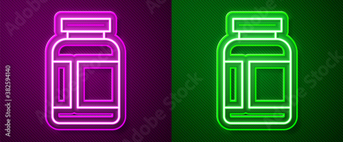 Glowing neon line Sports nutrition bodybuilding proteine power drink and food icon isolated on purple and green background. Vector.