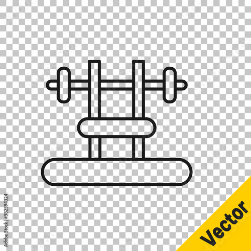 Black line Bench with barbel icon isolated on transparent background. Gym equipment. Bodybuilding, powerlifting, fitness concept. Vector.