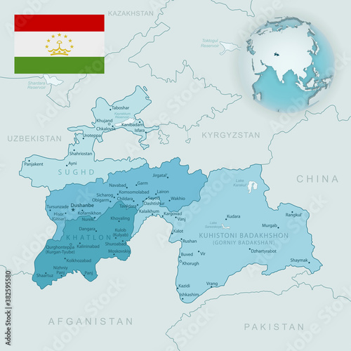 Blue-green detailed map of Tajikistan administrative divisions with country flag and location on the globe.