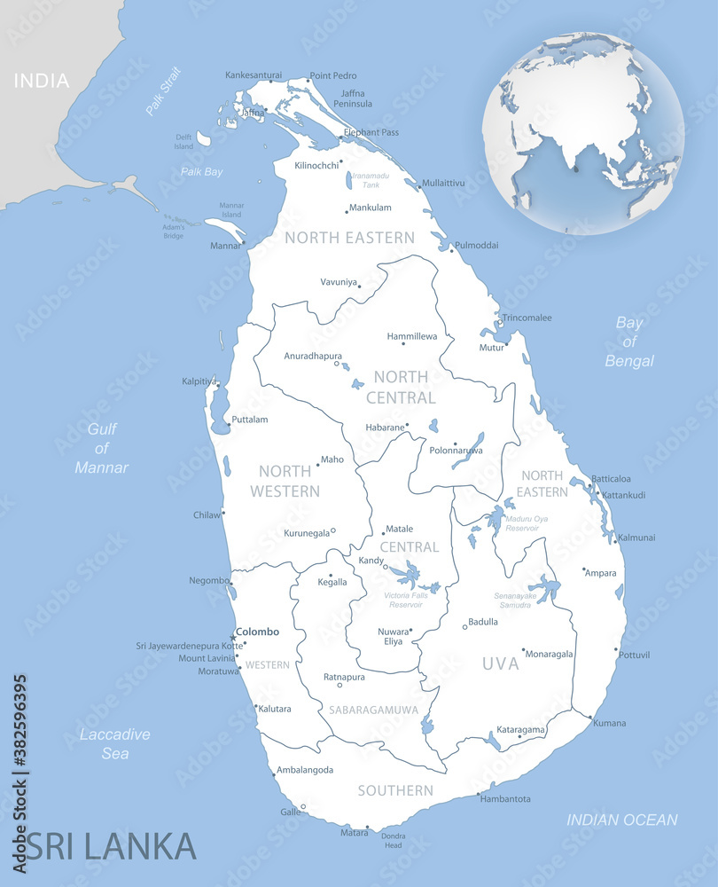 Blue-gray detailed map of Sri Lanka administrative divisions and ...