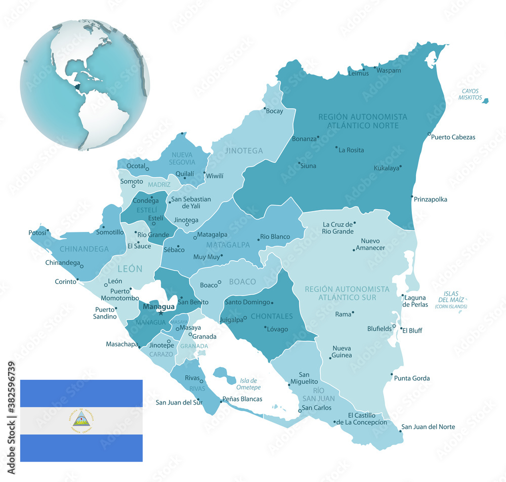 Nicaragua administrative blue-green map with country flag and location on a globe.